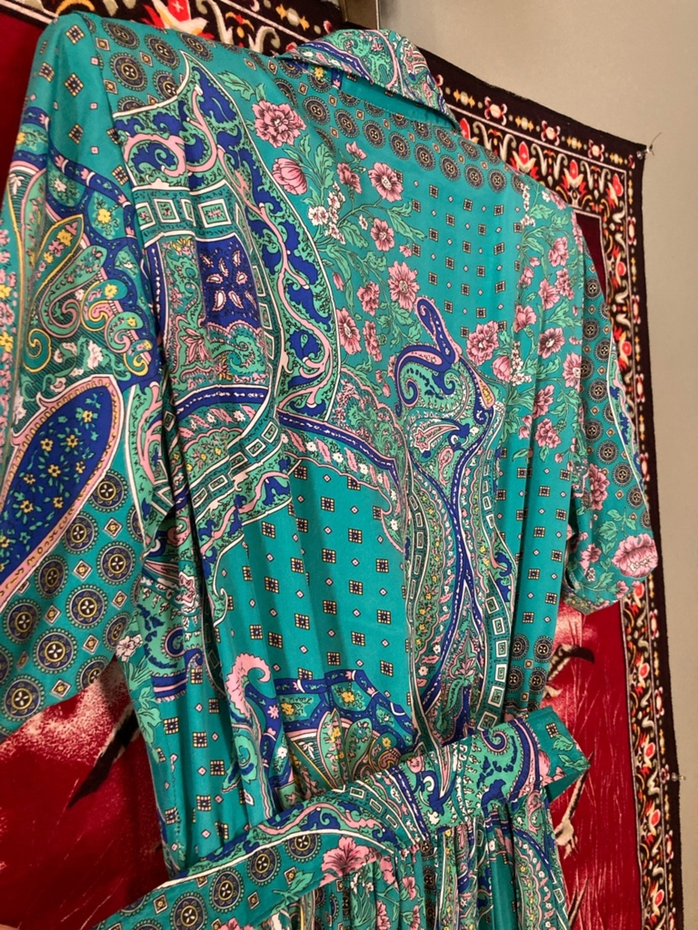 Vintage Classics by Leslie Fay Belted Dress Teal Paisley Print Belted Midi - Picture 5 of 5